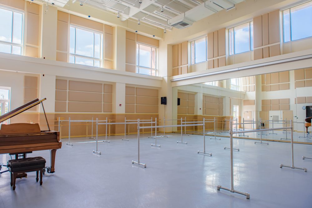 Robinson 115 studio. Bright lights coming in from windows with ballet barres. 