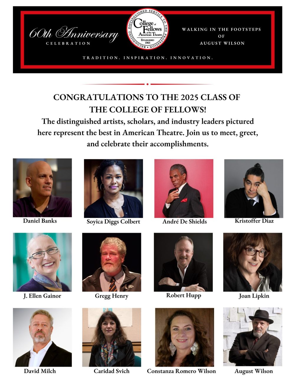 Invitation to the 2025 investiture of the College of Fellows of the American Theatre, including headshots of the 16 inductees.
