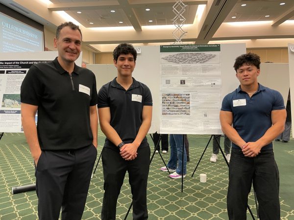 Professor Sabri Gokmen with students Andrei Vince and Adian Oh.