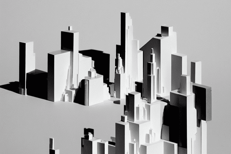 AI-generated 3D visualizations of a set of building models.