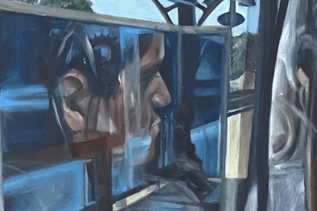 Detail of a painting by Laura Lucas of a man on a bus