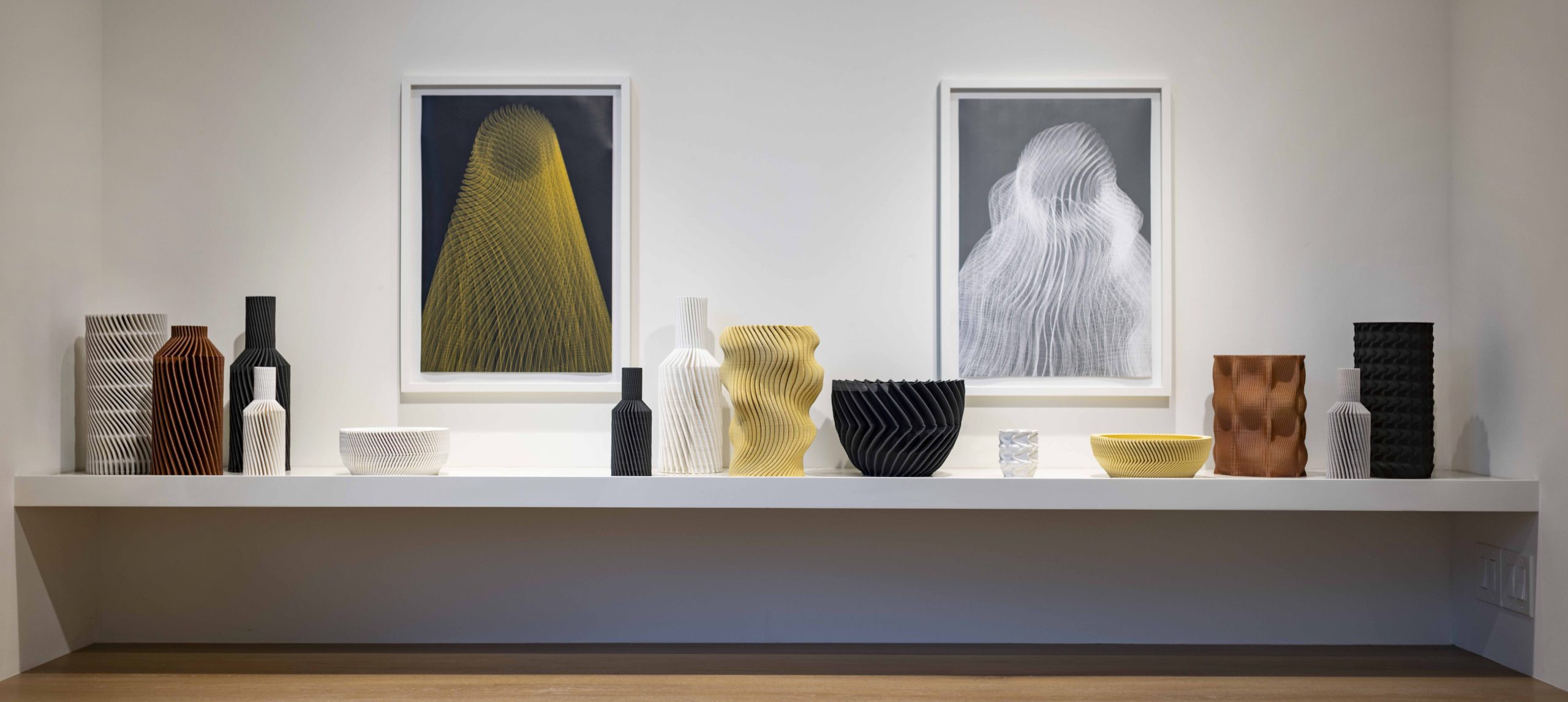 Image of sculptures and prints in Thomas Schmidt's exhibition.