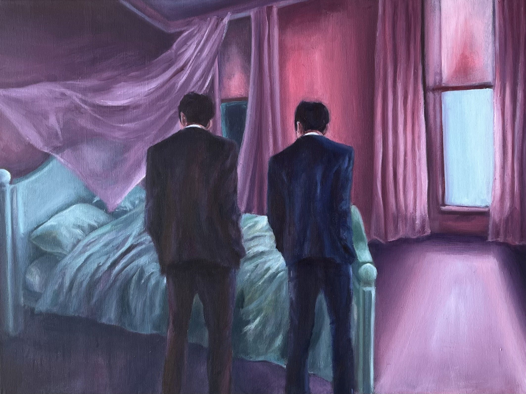 painting of "Sleepless" by Laura Lucas, showing two men looking down at an empty bed.
