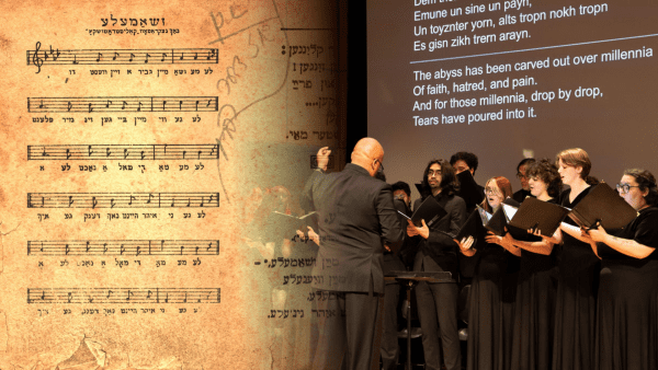 A composite image that imposes a picture of the partisan songbook over a picture of the Chorale singing at the Center for Jewish History