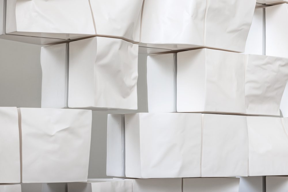 detail of the ceramic installation, "Sampled Spaces Mirror."