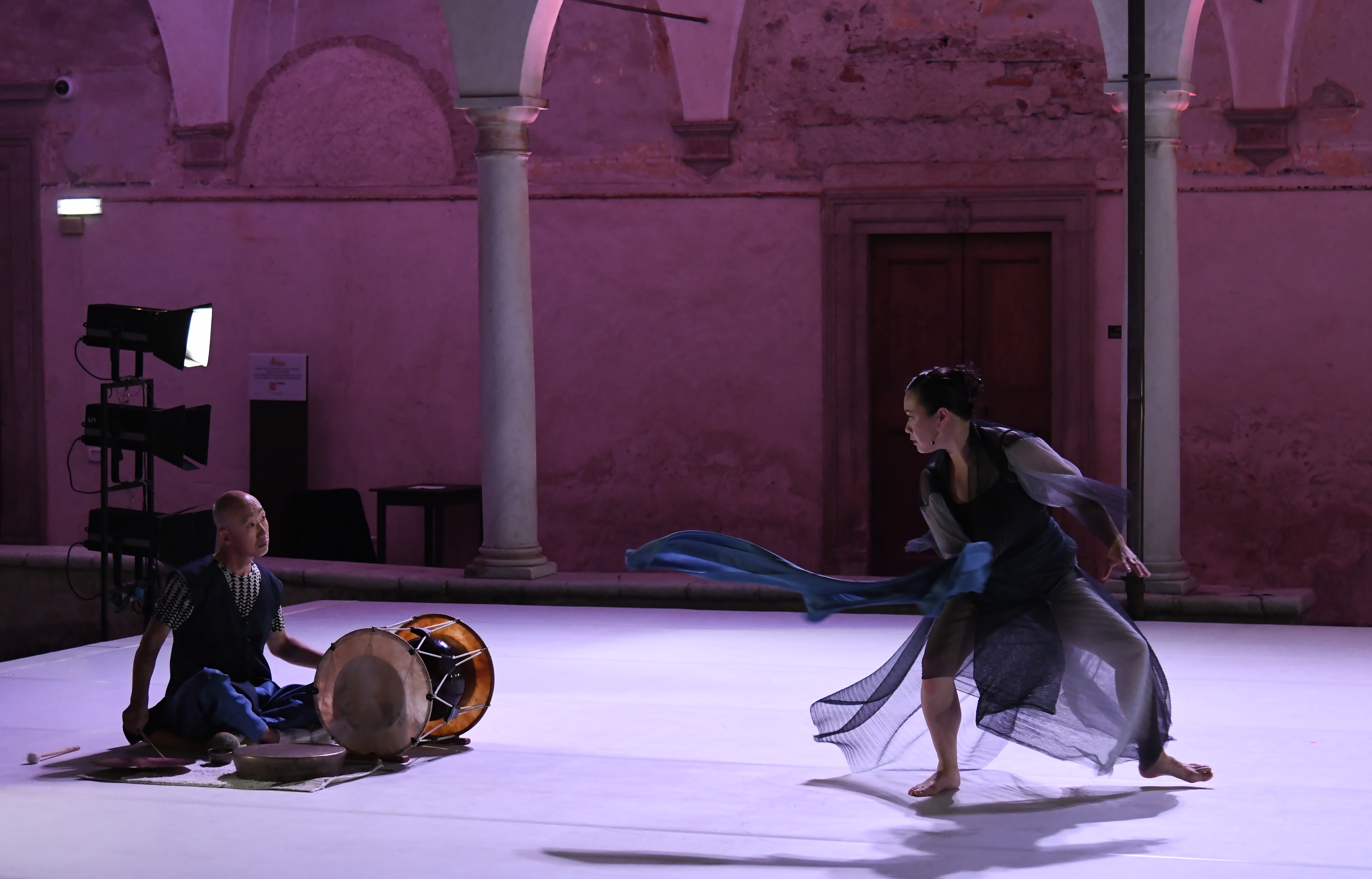 Kim Jones and Korean musician Vong Pak perform at a festival in Italy.